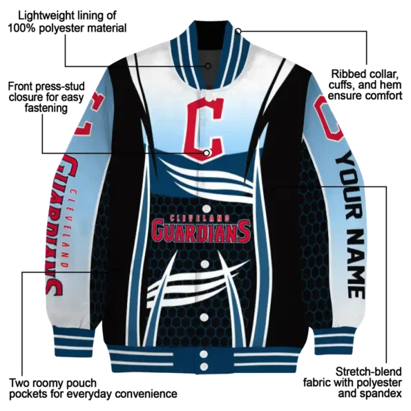 personalized cleveland guardians mesh effect navy blue black varsity jacket new arrival