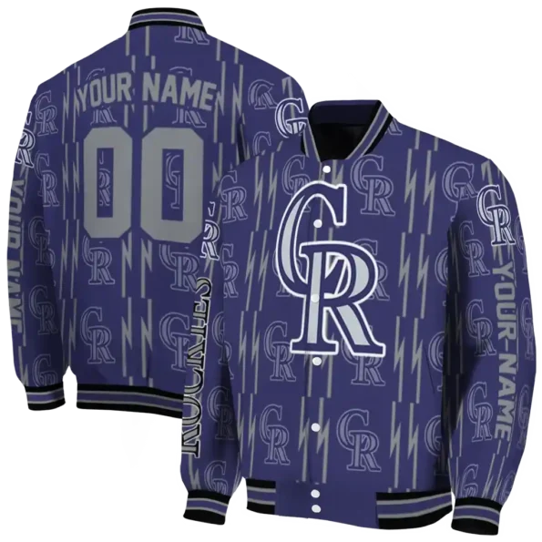 personalized colorado rockies bolt stripe blue varsity jacket fashion forward