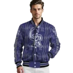 personalized colorado rockies bolt stripe blue varsity jacket best selling