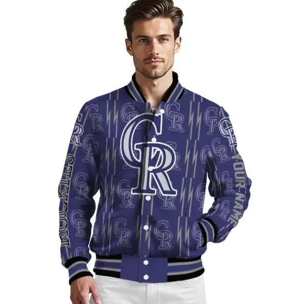 personalized colorado rockies bolt stripe blue varsity jacket high quality
