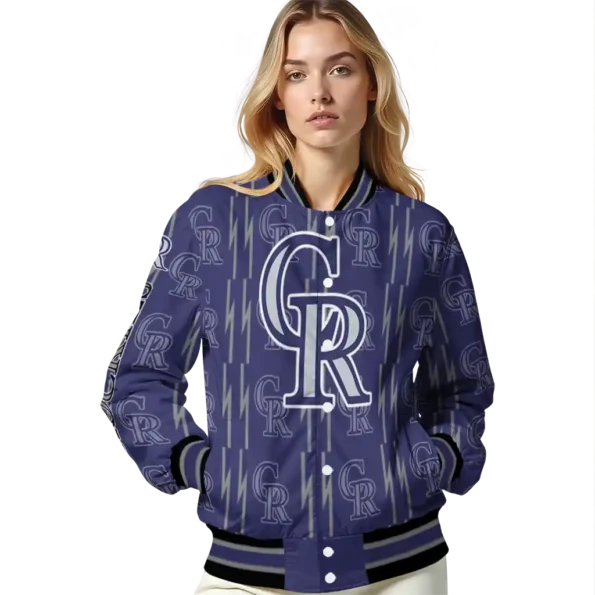 personalized colorado rockies bolt stripe blue varsity jacket latest model