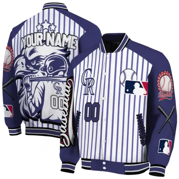personalized colorado rockies eagle baseball blue white varsity jacket fashion forward