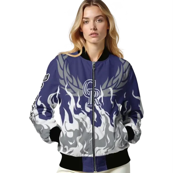 personalized colorado rockies winged blaze blue white bomber jacket latest model