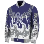personalized colorado rockies winged blaze blue white varsity jacket best selling