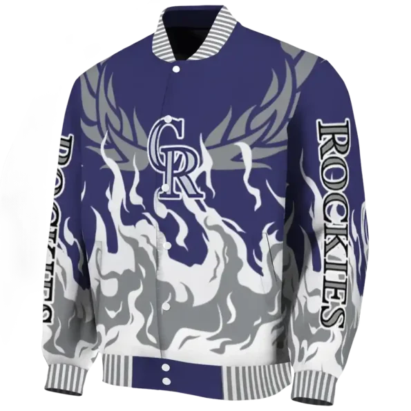 personalized colorado rockies winged blaze blue white varsity jacket best selling