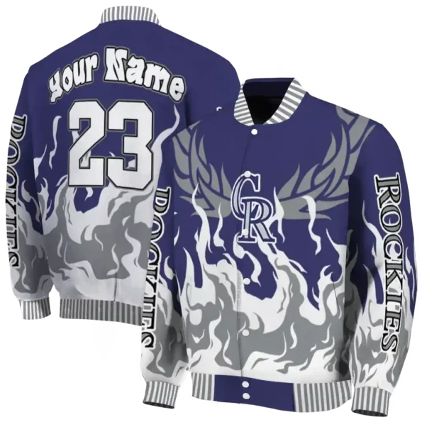 personalized colorado rockies winged blaze blue white varsity jacket fashion forward