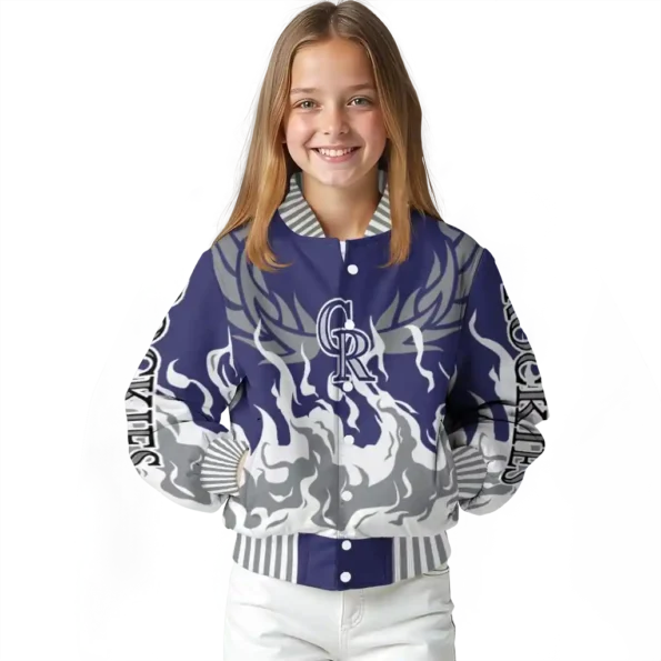 personalized colorado rockies winged blaze blue white varsity jacket top rated