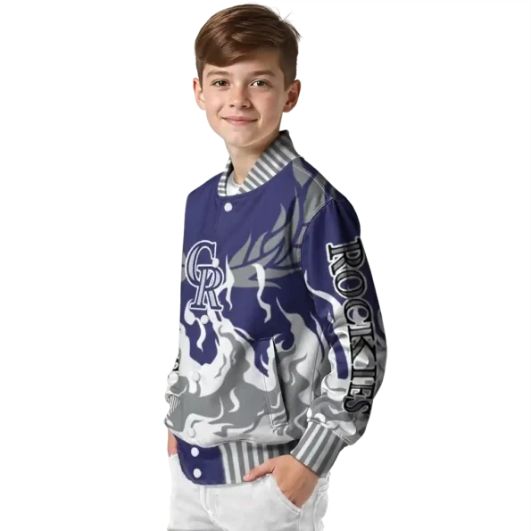 personalized colorado rockies winged blaze blue white varsity jacket trendy