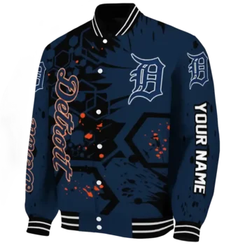 personalized detroit tigers hexagon cluster navy black varsity jacket best selling