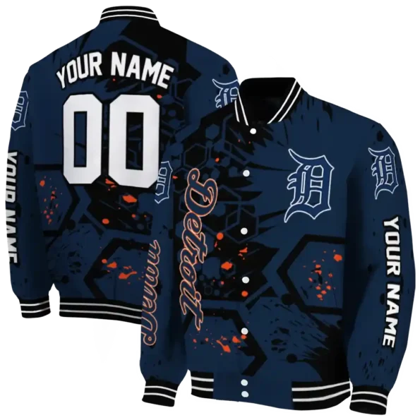 personalized detroit tigers hexagon cluster navy black varsity jacket fashion forward