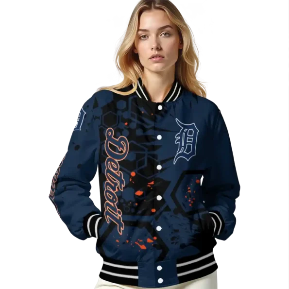 personalized detroit tigers hexagon cluster navy black varsity jacket latest model
