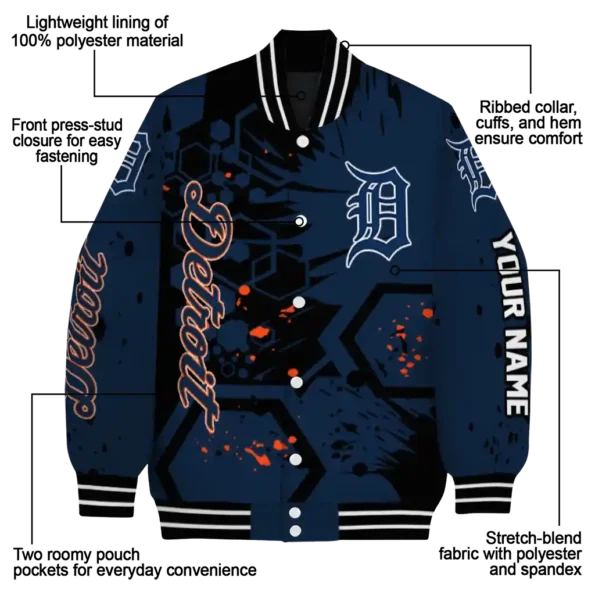 personalized detroit tigers hexagon cluster navy black varsity jacket new arrival