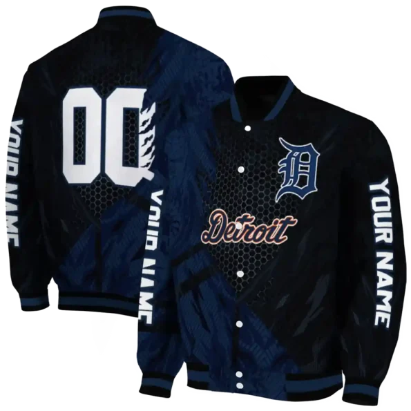 personalized detroit tigers hexagon mesh navy black varsity jacket fashion forward