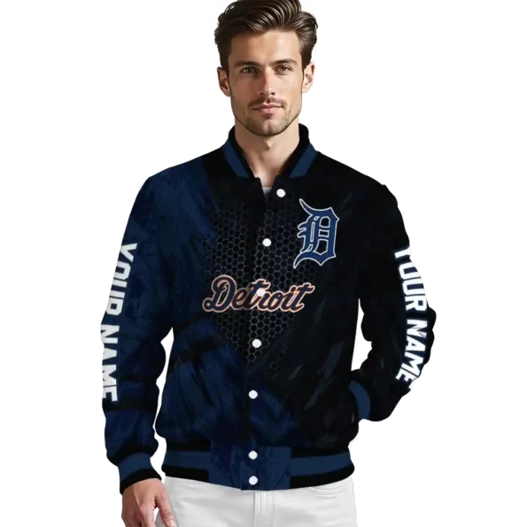 personalized detroit tigers hexagon mesh navy black varsity jacket high quality
