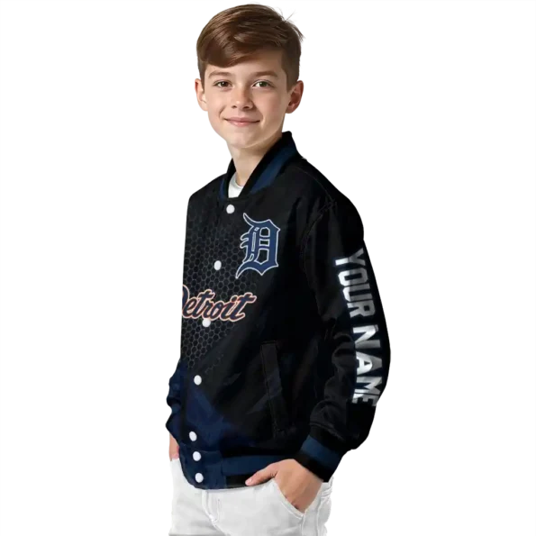 personalized detroit tigers hexagon mesh navy black varsity jacket trendy