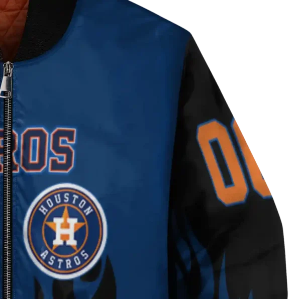 personalized houston astros flame border blue black bomber jacket premium grade
