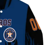 personalized houston astros flame border blue black varsity jacket best selling