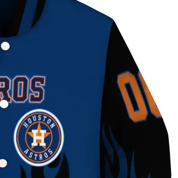 personalized houston astros flame border blue black varsity jacket premium grade