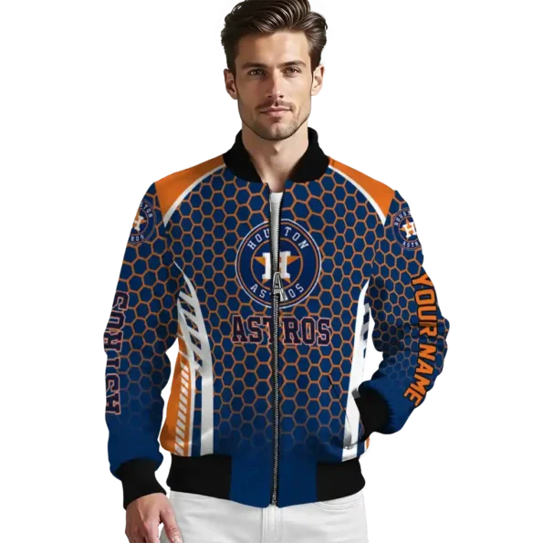 personalized houston astros hexagon grid blue bomber jacket high quality