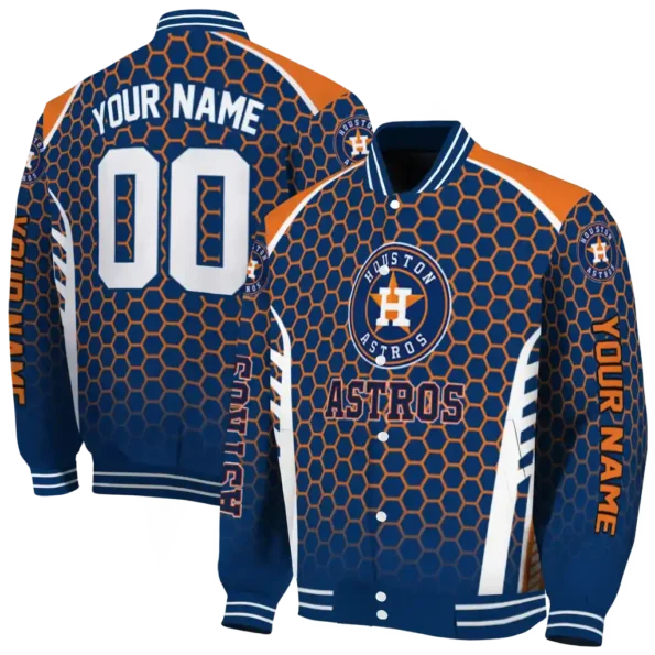 personalized houston astros hexagon grid blue varsity jacket fashion forward