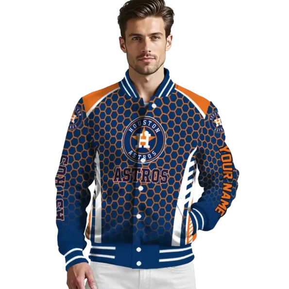 personalized houston astros hexagon grid blue varsity jacket high quality