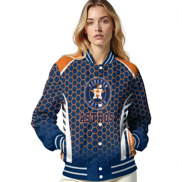 personalized houston astros hexagon grid blue varsity jacket latest model