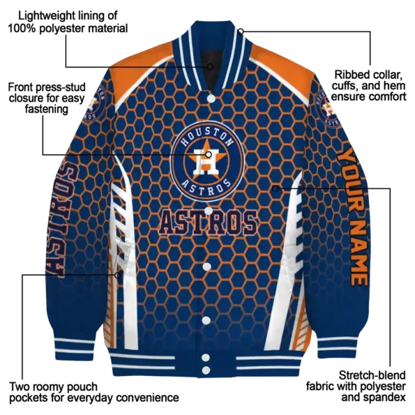 personalized houston astros hexagon grid blue varsity jacket new arrival