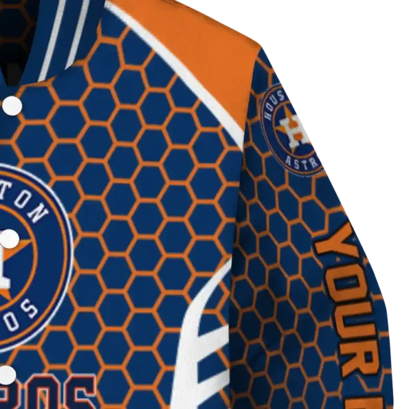 personalized houston astros hexagon grid blue varsity jacket premium grade