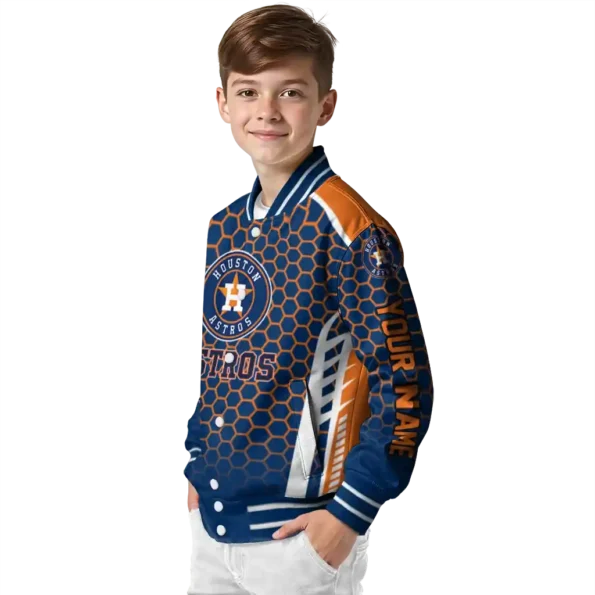 personalized houston astros hexagon grid blue varsity jacket trendy