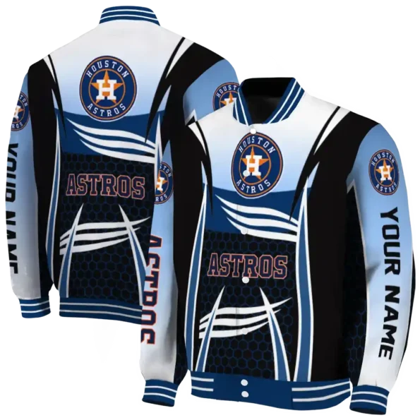 personalized houston astros mesh effect blue black varsity jacket fashion forward