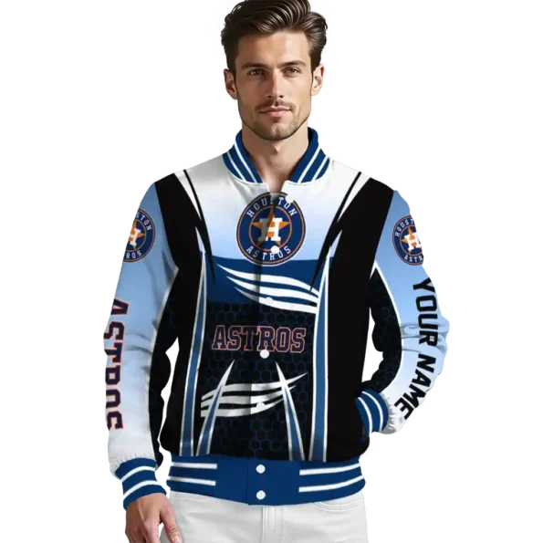 personalized houston astros mesh effect blue black varsity jacket high quality