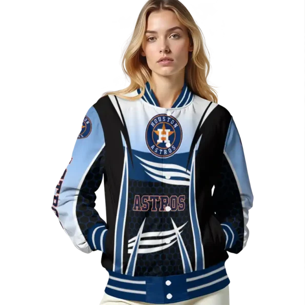 personalized houston astros mesh effect blue black varsity jacket latest model
