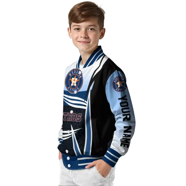 personalized houston astros mesh effect blue black varsity jacket trendy