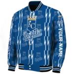 personalized kansas city royals bolt stripe royal blue varsity jacket best selling