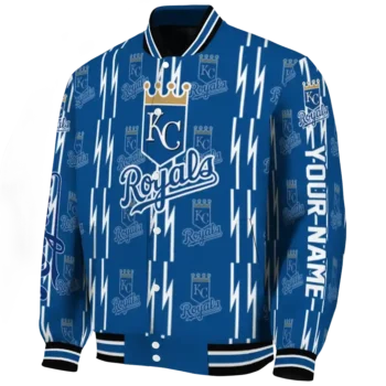 personalized kansas city royals bolt stripe royal blue varsity jacket best selling