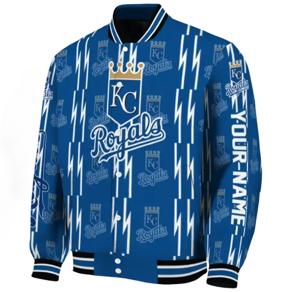 personalized kansas city royals bolt stripe royal blue varsity jacket best selling