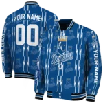 personalized kansas city royals bolt stripe royal blue varsity jacket best selling