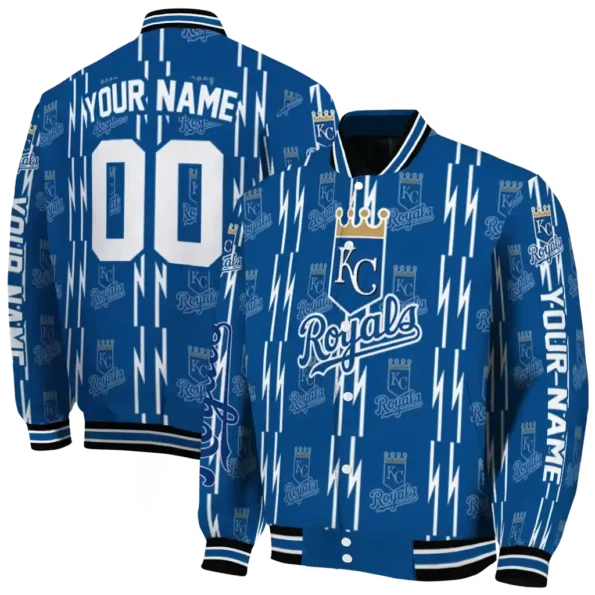 personalized kansas city royals bolt stripe royal blue varsity jacket fashion forward
