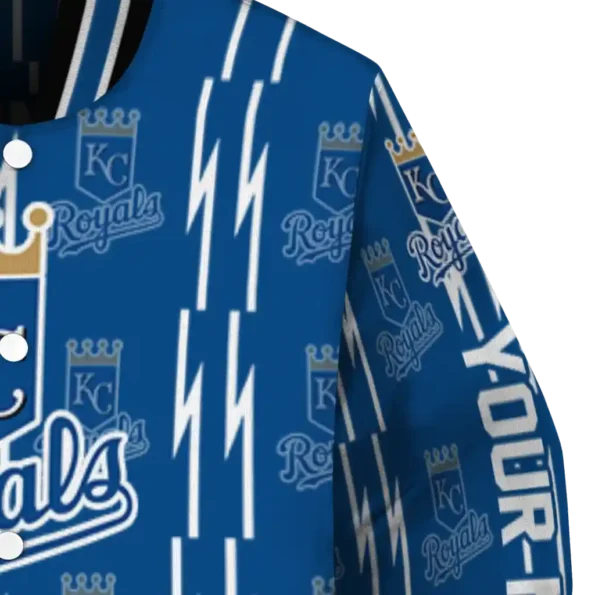 personalized kansas city royals bolt stripe royal blue varsity jacket premium grade