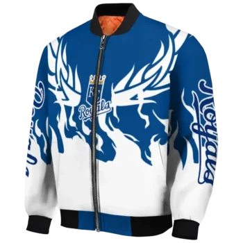personalized kansas city royals winged blaze royal blue white bomber jacket best selling