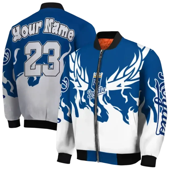 personalized kansas city royals winged blaze royal blue white bomber jacket fashion forward