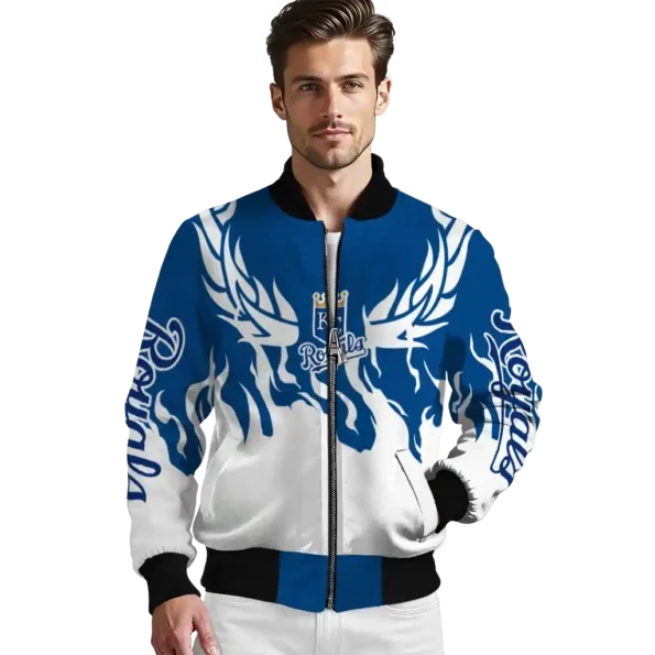 personalized kansas city royals winged blaze royal blue white bomber jacket high quality