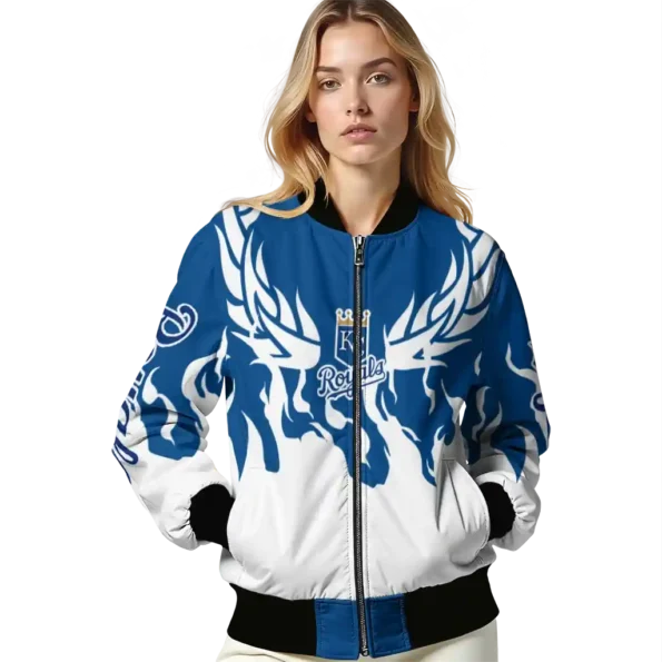 personalized kansas city royals winged blaze royal blue white bomber jacket latest model