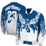 personalized kansas city royals winged blaze royal blue white varsity jacket best selling