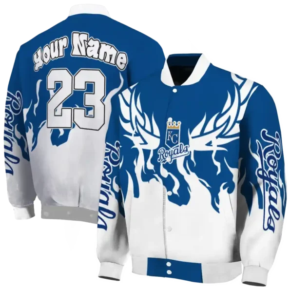 personalized kansas city royals winged blaze royal blue white varsity jacket fashion forward