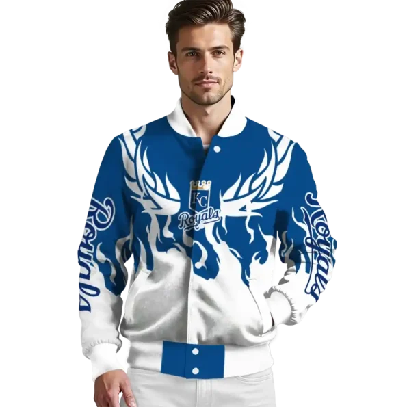 personalized kansas city royals winged blaze royal blue white varsity jacket high quality