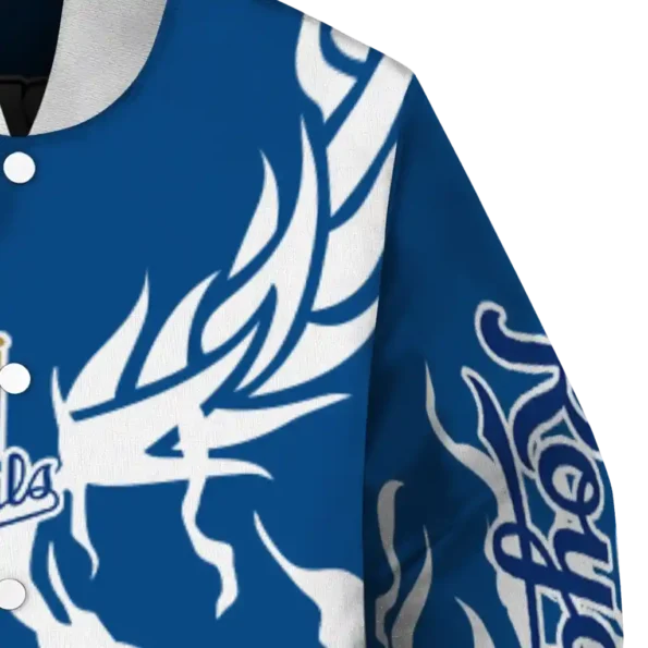 personalized kansas city royals winged blaze royal blue white varsity jacket premium grade