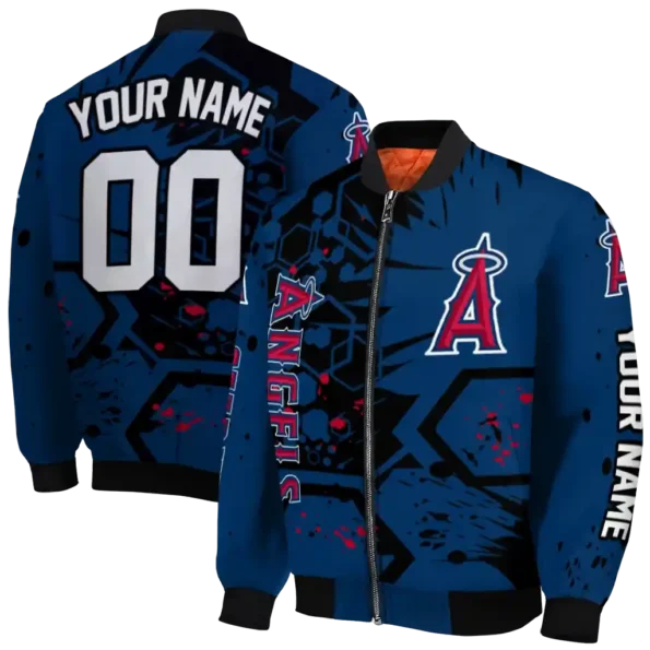 personalized los angeles angels hexagon cluster blue black bomber jacket fashion forward