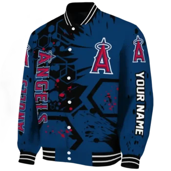 personalized los angeles angels hexagon cluster blue black varsity jacket best selling