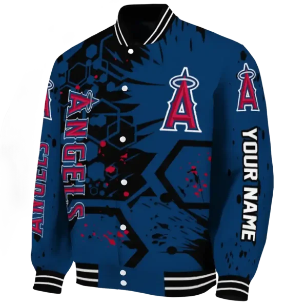 personalized los angeles angels hexagon cluster blue black varsity jacket best selling